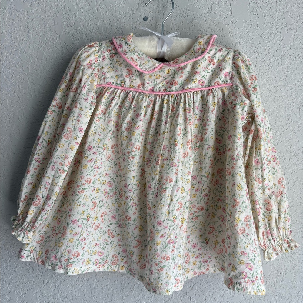James & Lottie Girls smock Floral Long-Sleeve Blouse with Pink Trim
